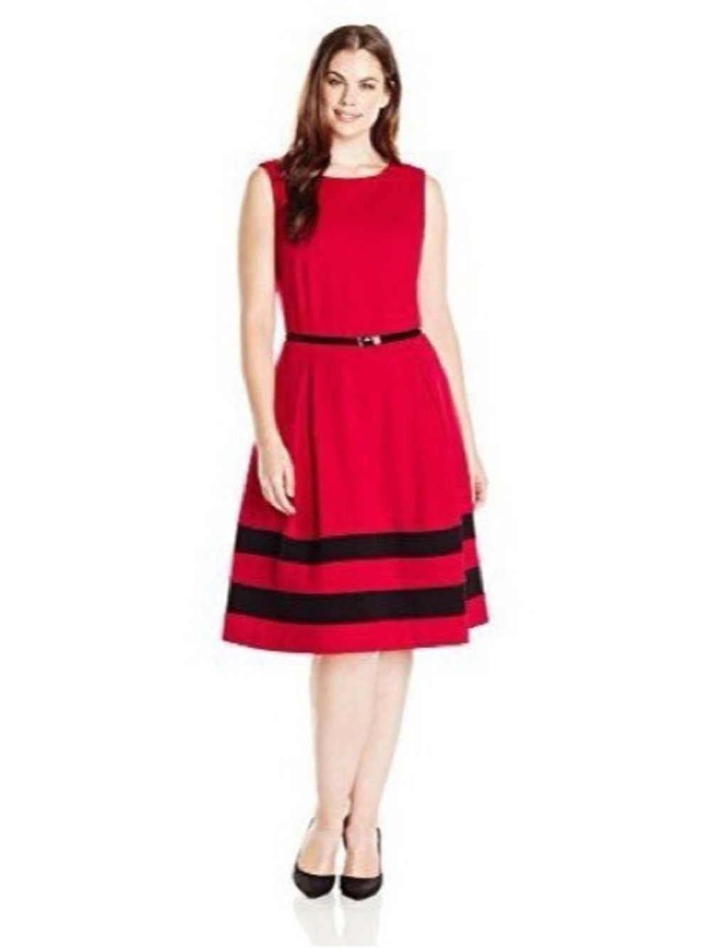 Calvin Klein Red Sleeveless Midi Dress with Black Hem Bands 16W